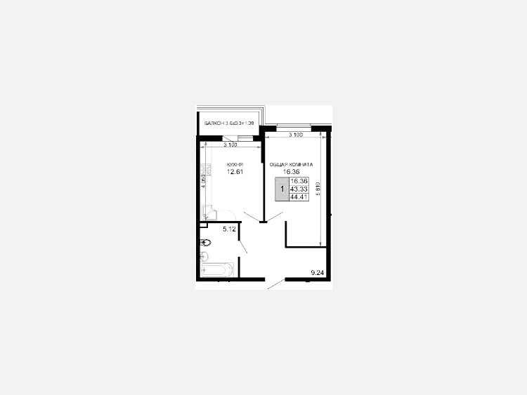 1-комнатная квартира, 44.78 м², 4/15 этаж фото 0