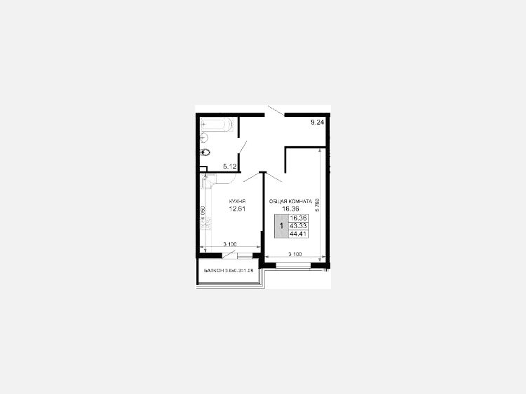 1-комнатная квартира, 44.78 м², 4/15 этаж фото 0