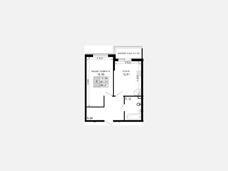 1-комнатная квартира, 44.78 м², 4/15 этаж фото 0