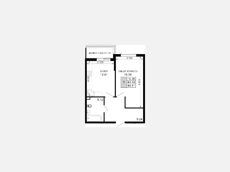 1-комнатная квартира, 44.80 м², 4/15 этаж фото 0