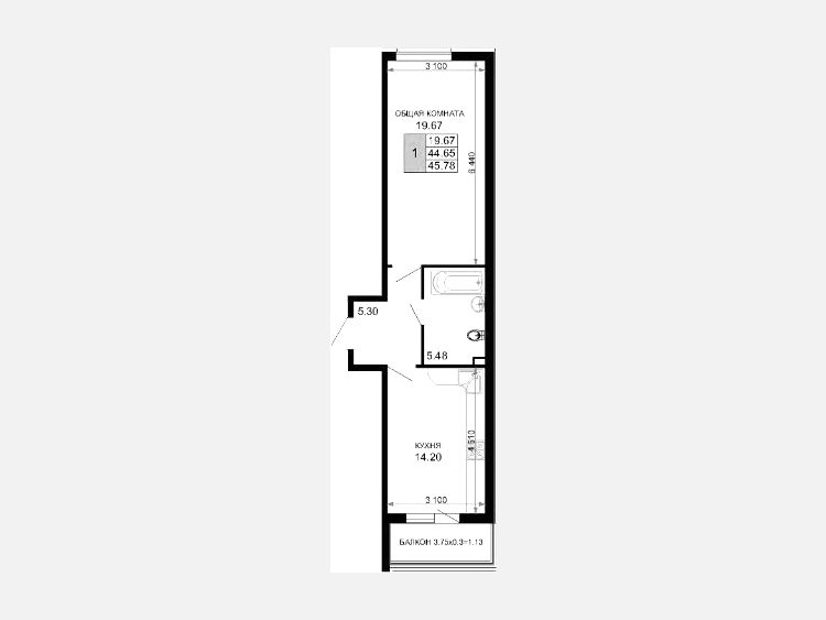 1-комнатная квартира, 46.03 м², 4/15 этаж фото 0