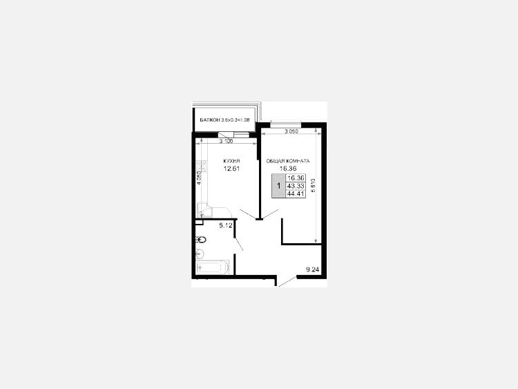 1-комнатная квартира, 44.80 м², 4/15 этаж фото 0