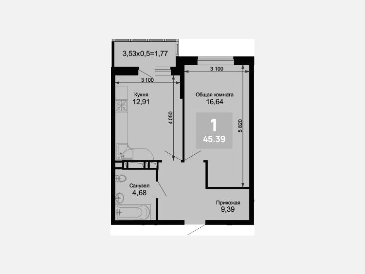 1-комнатная квартира, 43.62 м², 9/15 этаж фото 0
