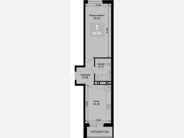 1-комнатная квартира, 44.80 м², 7/15 этаж фото 0
