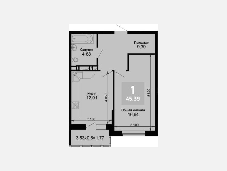 1-комнатная квартира, 43.62 м², 10/15 этаж фото 0