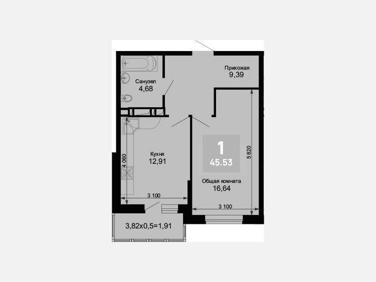 1-комнатная квартира, 43.62 м², 5/15 этаж фото 0