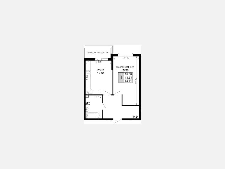 1-комнатная квартира, 44.78 м², 4/15 этаж фото 0