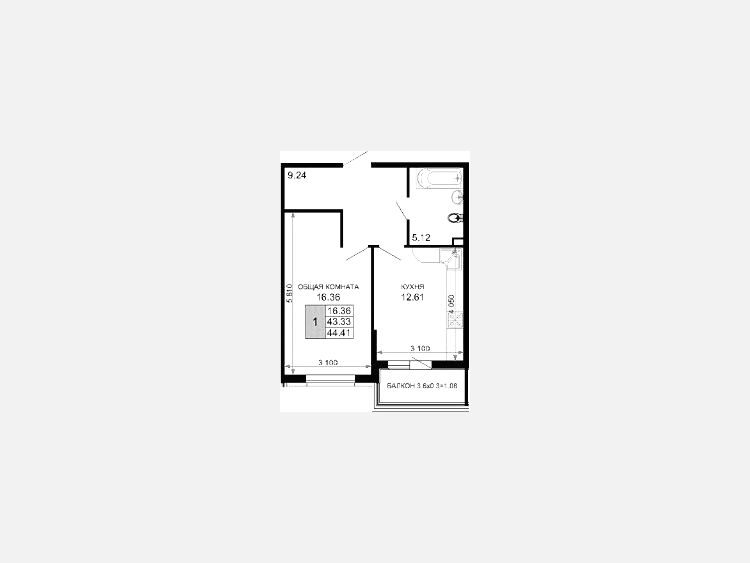 1-комнатная квартира, 44.78 м², 4/15 этаж фото 0