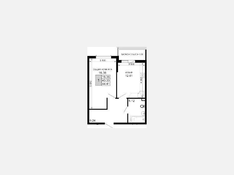 1-комнатная квартира, 44.78 м², 4/15 этаж фото 0