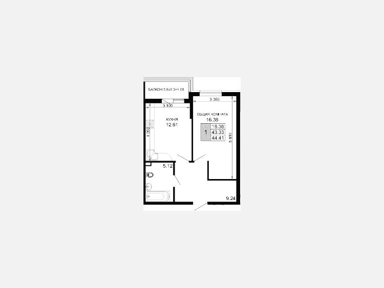 1-комнатная квартира, 44.78 м², 4/15 этаж фото 0