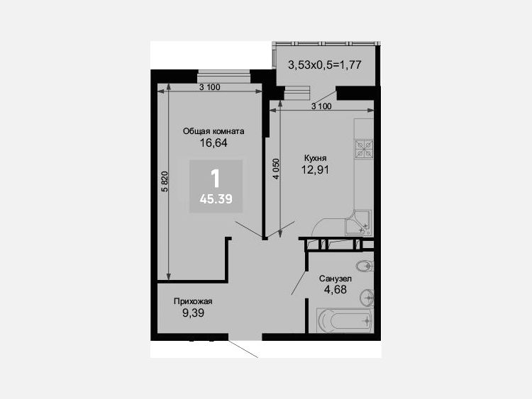 1-комнатная квартира, 43.62 м², 13/15 этаж фото 0
