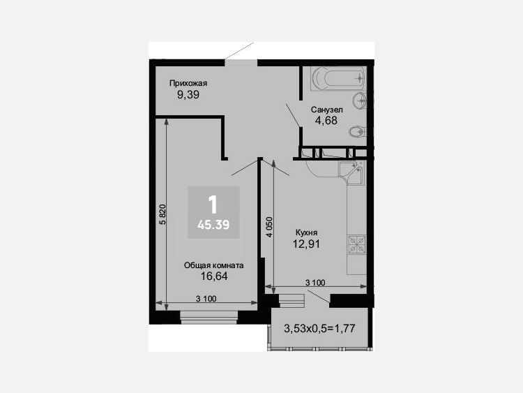 1-комнатная квартира, 43.62 м², 8/15 этаж фото 0