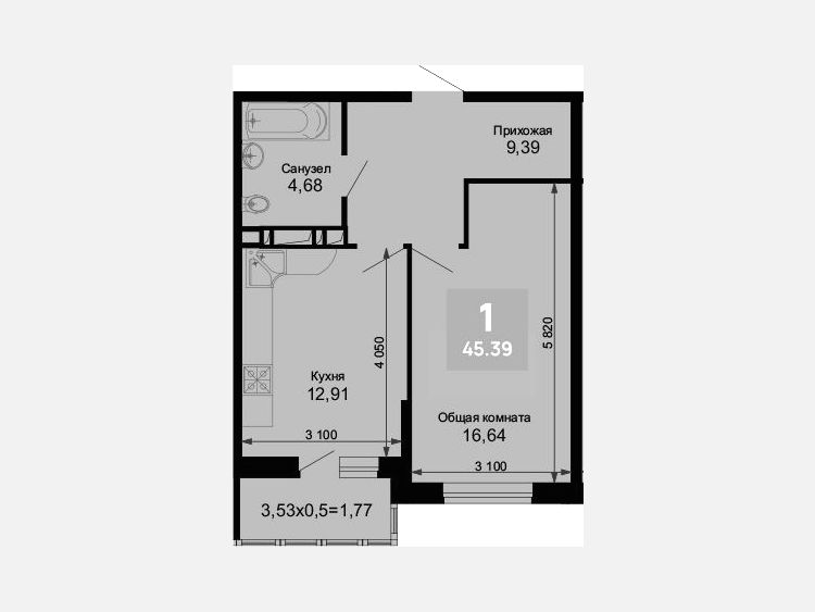 1-комнатная квартира, 43.62 м², 6/15 этаж фото 0