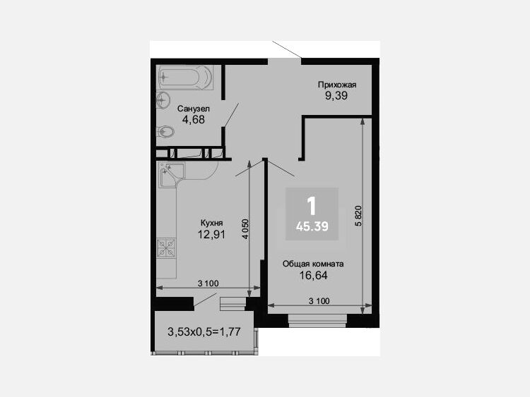 1-комнатная квартира, 43.62 м², 8/15 этаж фото 0
