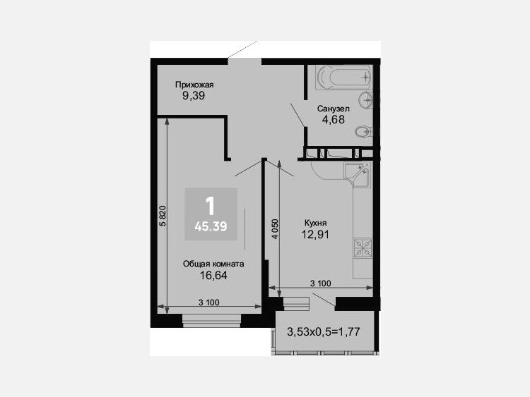 1-комнатная квартира, 43.62 м², 5/15 этаж фото 0