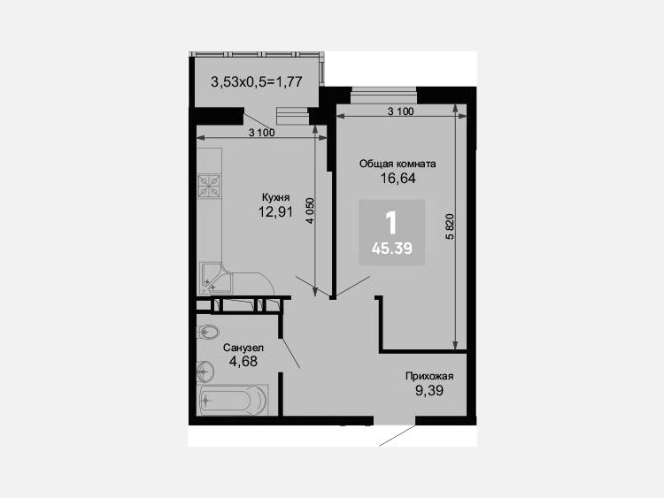 1-комнатная квартира, 43.62 м², 6/15 этаж фото 0