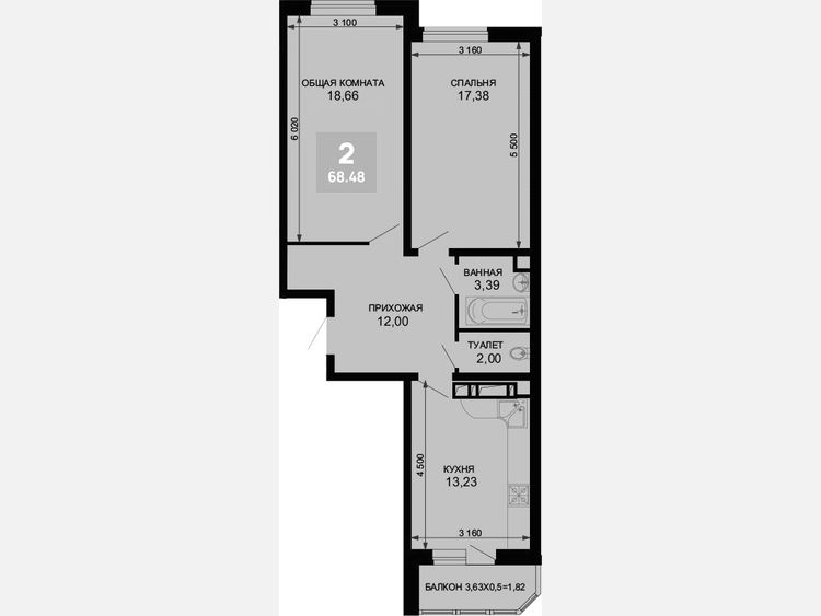 2-комнатная квартира, 66.66 м², 4/19 этаж фото 0