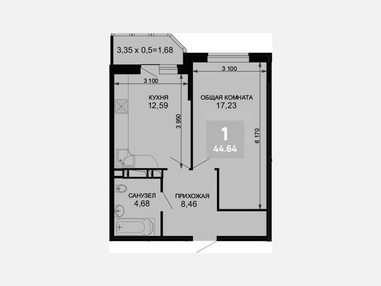1-комнатная квартира, 42.96 м², 2/19 этаж фото 0