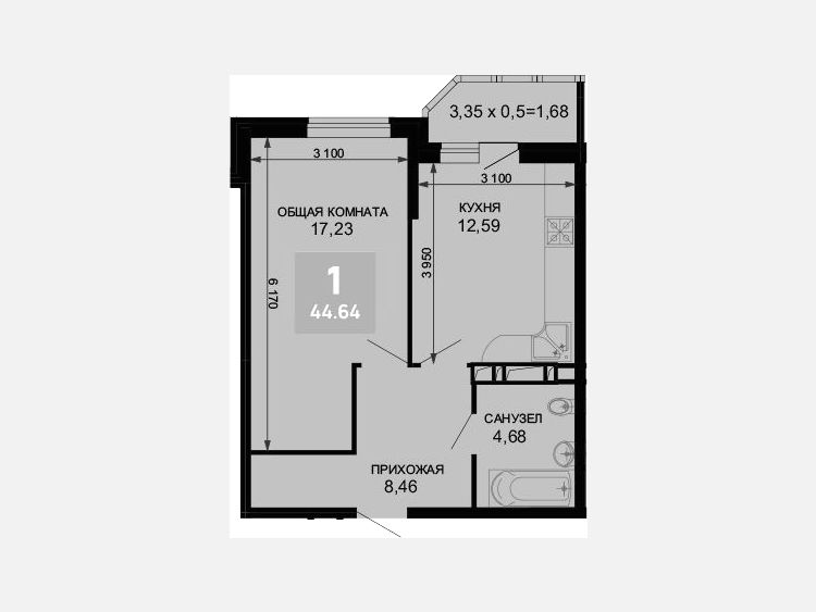 1-комнатная квартира, 42.96 м², 2/19 этаж фото 0
