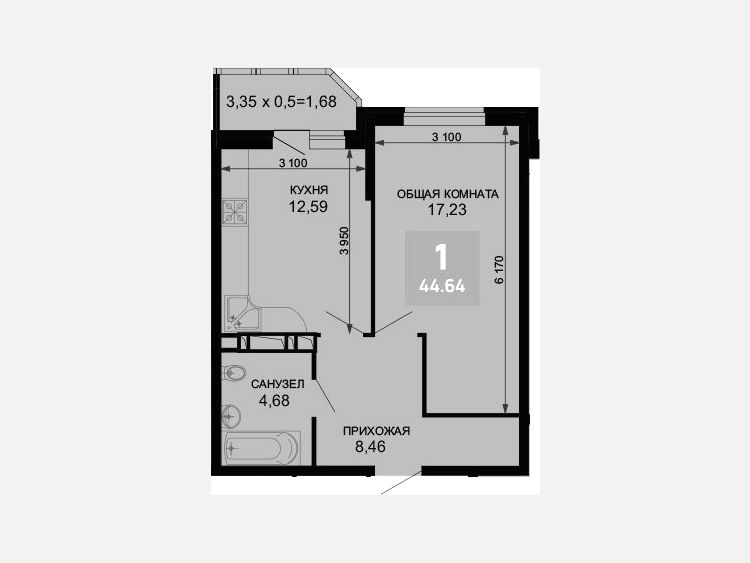 1-комнатная квартира, 42.96 м², 2/19 этаж фото 0