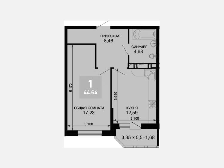 1-комнатная квартира, 42.96 м², 2/19 этаж фото 0