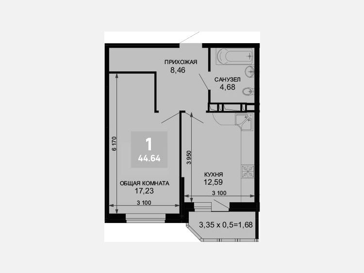 1-комнатная квартира, 42.96 м², 2/19 этаж фото 0