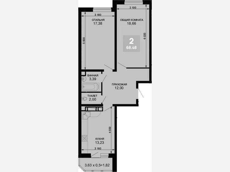 2-комнатная квартира, 66.66 м², 13/19 этаж фото 0