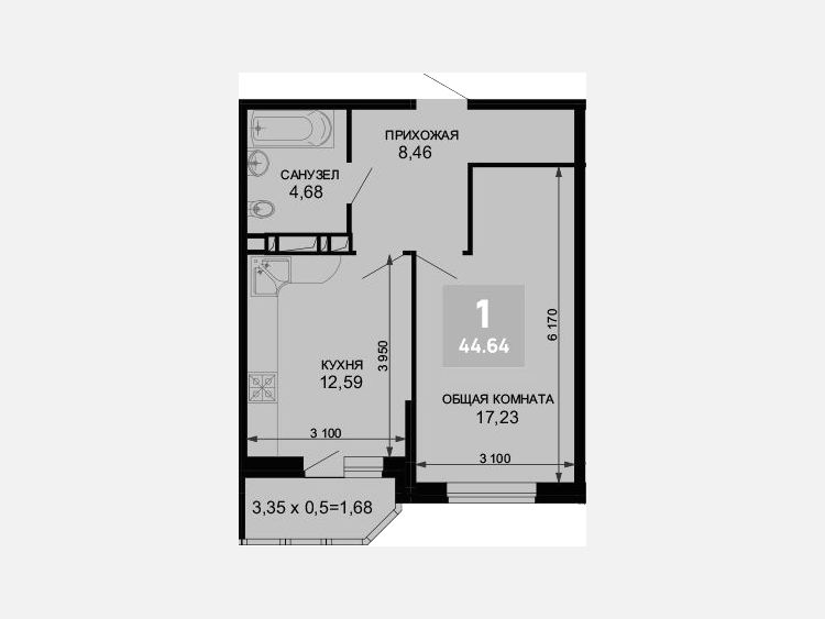 1-комнатная квартира, 42.96 м², 3/19 этаж фото 0