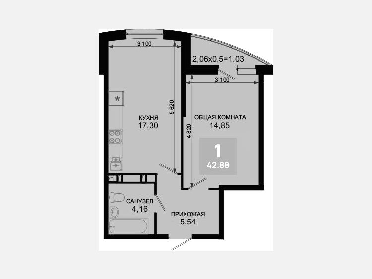 2-комнатная квартира, 41.85 м², 2/19 этаж фото 0