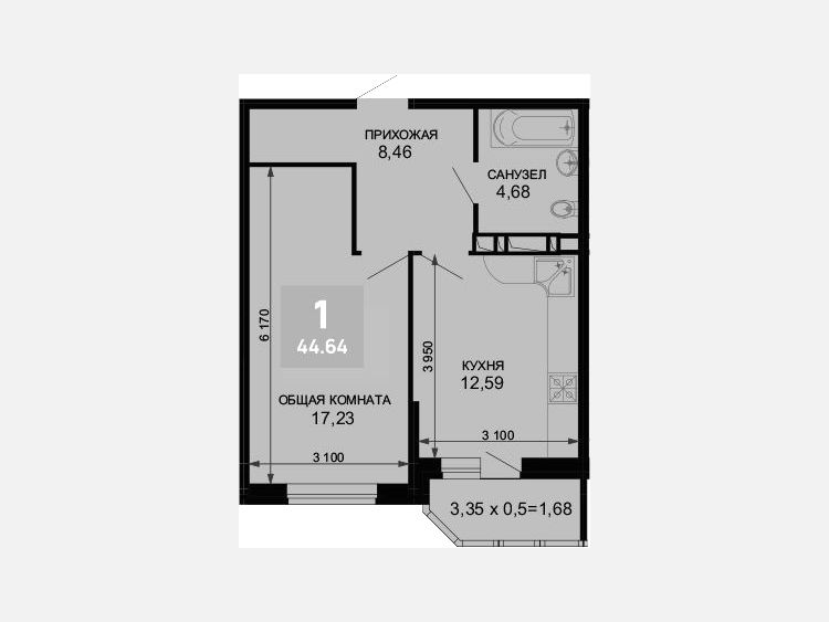 1-комнатная квартира, 42.96 м², 3/19 этаж фото 0