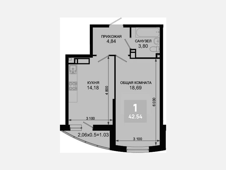 1-комнатная квартира, 41.51 м², 2/19 этаж фото 0