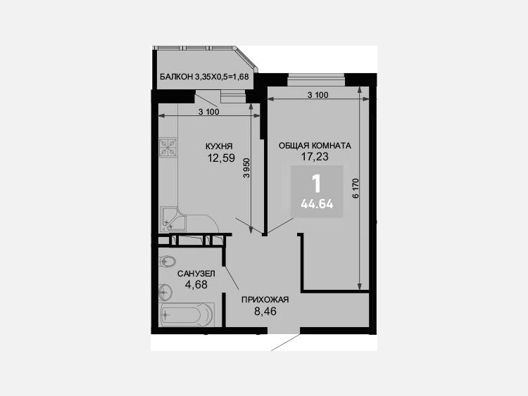 1-комнатная квартира, 42.96 м², 4/19 этаж фото 0