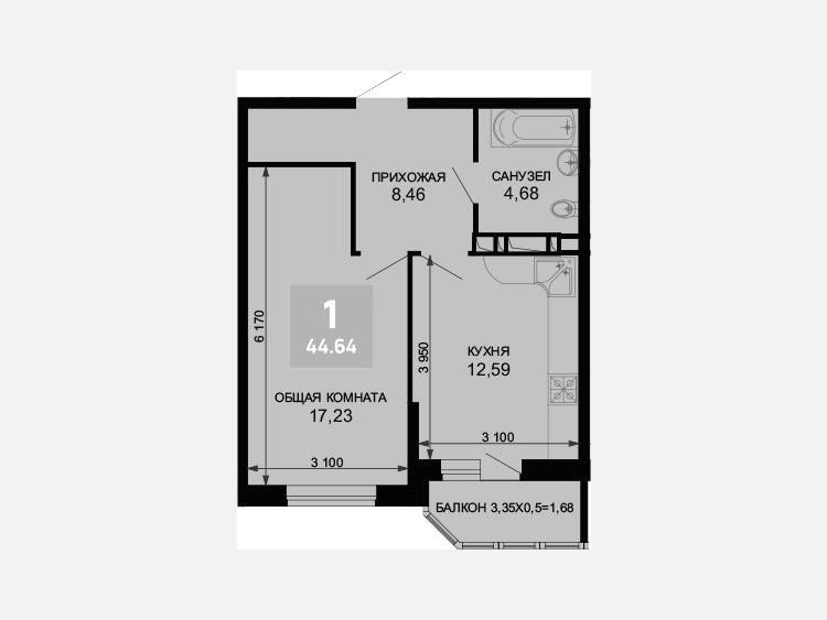1-комнатная квартира, 42.96 м², 2/19 этаж фото 0