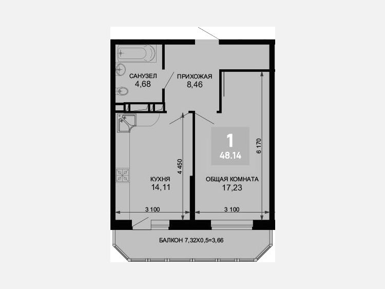 1-комнатная квартира, 44.48 м², 18/19 этаж фото 0