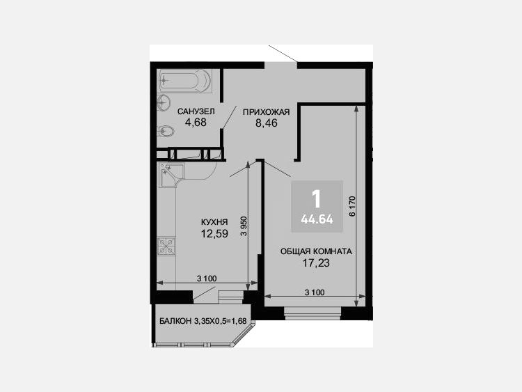 1-комнатная квартира, 42.96 м², 13/19 этаж фото 0