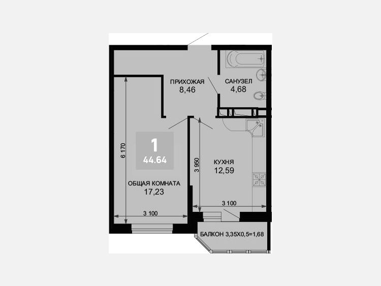 1-комнатная квартира, 42.96 м², 10/19 этаж фото 0
