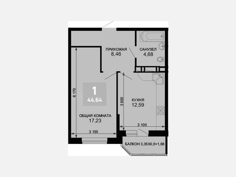 1-комнатная квартира, 42.96 м², 9/19 этаж фото 0