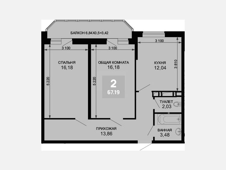2-комнатная квартира, 63.77 м², 19/19 этаж фото 0