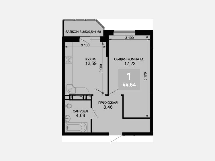 1-комнатная квартира, 42.96 м², 2/19 этаж фото 0