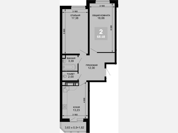 2-комнатная квартира, 66.66 м², 10/19 этаж фото 0
