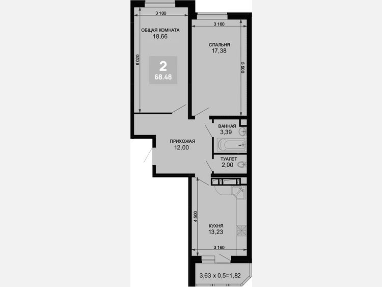 2-комнатная квартира, 66.66 м², 2/19 этаж фото 0