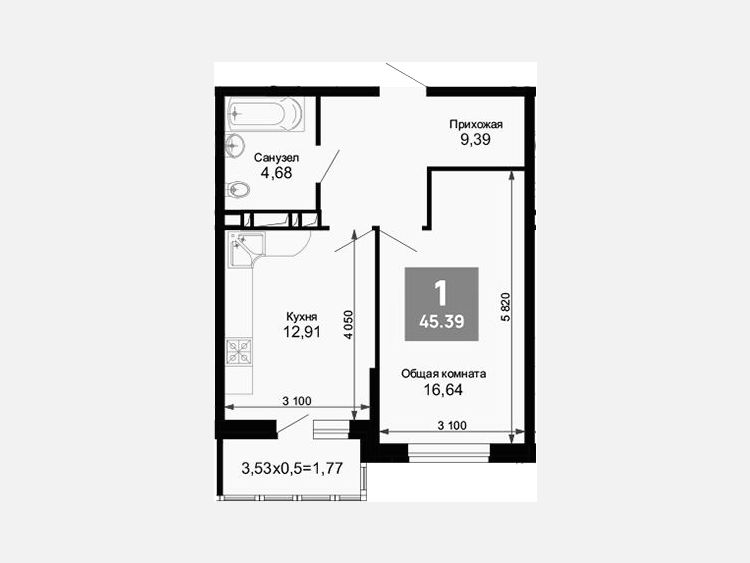 1-комнатная квартира, 44.09 м², 4/15 этаж фото 0