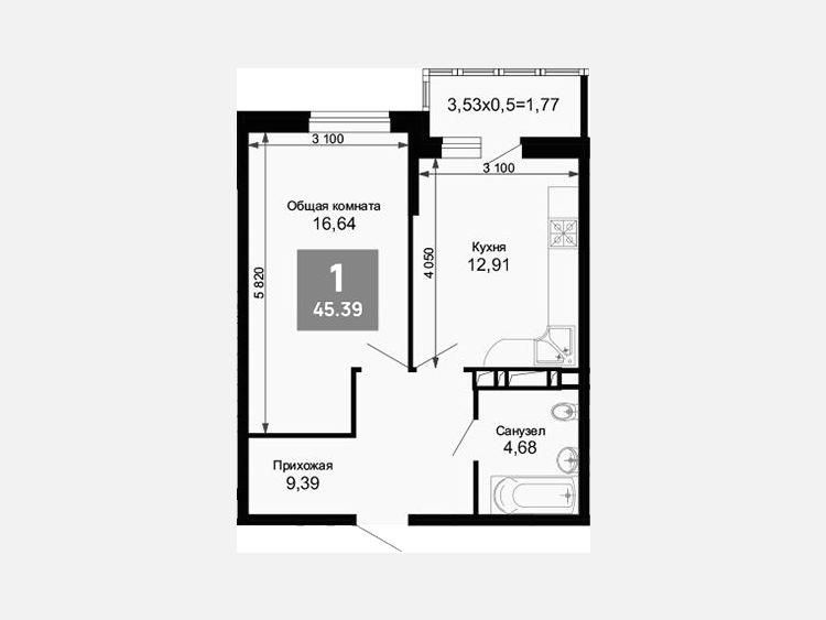 1-комнатная квартира, 43.62 м², 5/15 этаж фото 0