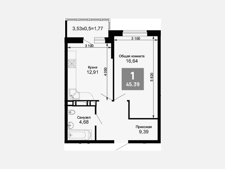 1-комнатная квартира, 43.62 м², 9/15 этаж фото 0