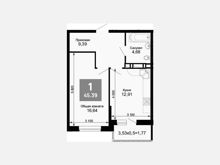 1-комнатная квартира, 43.62 м², 9/15 этаж фото 0