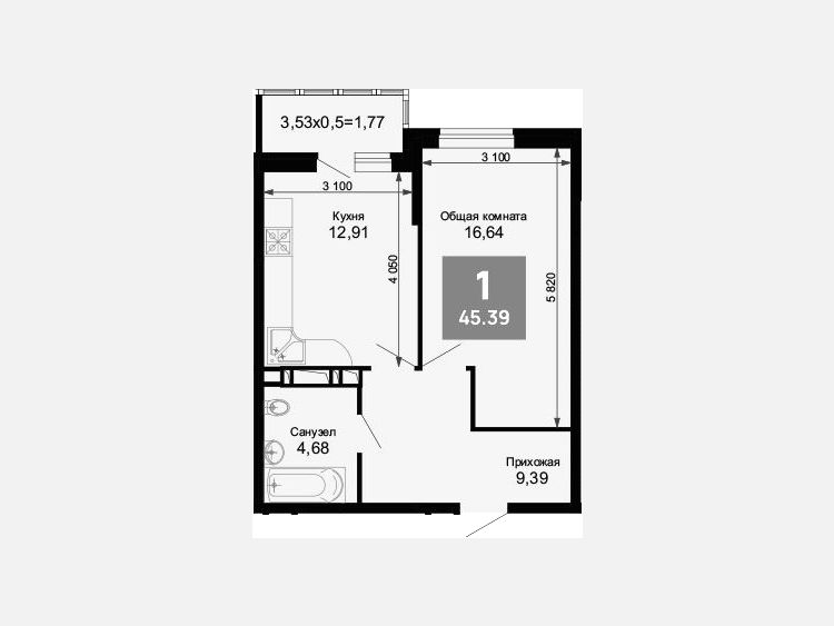 1-комнатная квартира, 43.62 м², 7/15 этаж фото 0