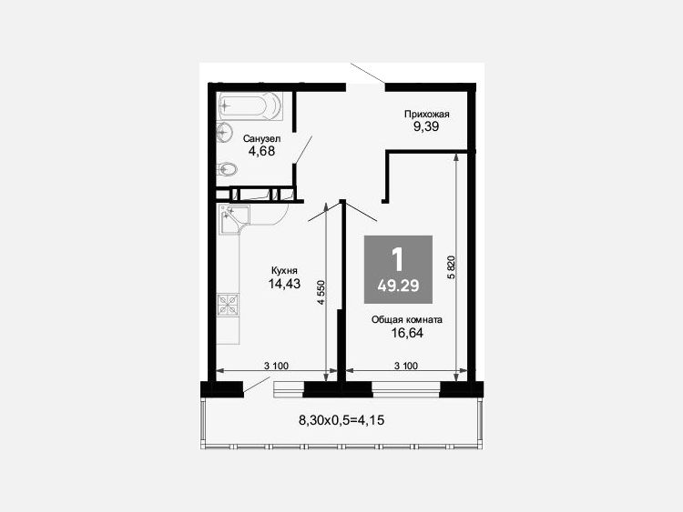 1-комнатная квартира, 45.63 м², 4/15 этаж фото 0