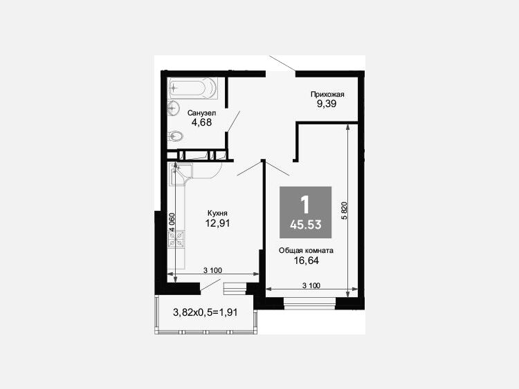 1-комнатная квартира, 44.11 м², 4/15 этаж фото 0