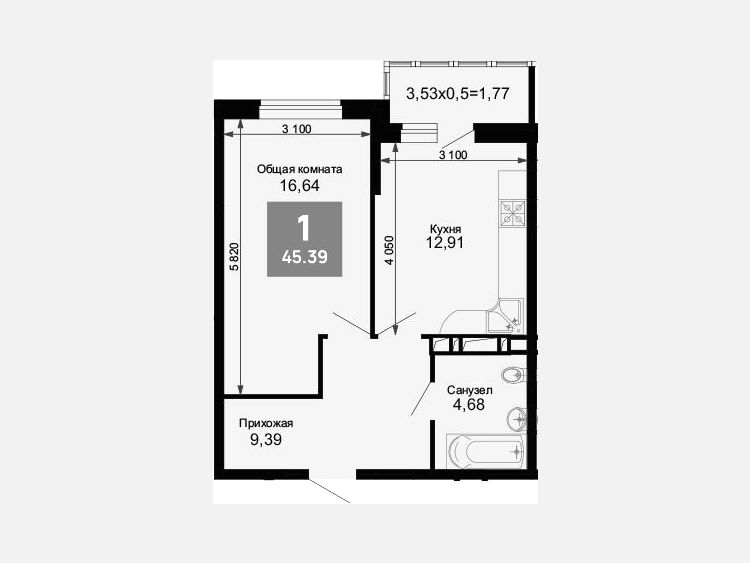 1-комнатная квартира, 43.62 м², 5/15 этаж фото 0