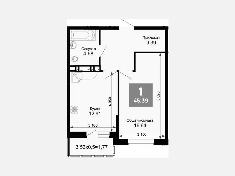 1-комнатная квартира, 44.09 м², 4/15 этаж фото 0